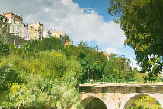 Old Town of Pamplona reflected in the Arga River
