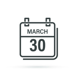 March 30, Calendar icon with shadow. Day, month. Flat vector illustration.