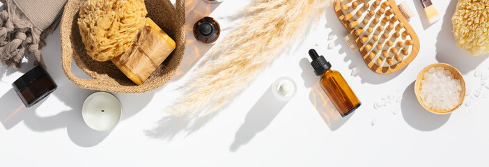 Fototapeta na wymiar Natural organic skin care products on white background, flat lay