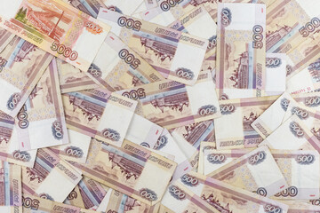 Russian ruble. Russian currency closeup in the form of texture.