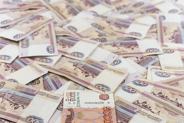 Russian ruble. Russian currency closeup in the form of texture.