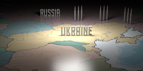 Part of Russia - Ukraine text on map with nuclear weapons. Russian and Europe border. Cracked...