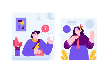 Talking concept vector Illustration idea for landing page template, conversation and speaking dialogue as communication, social information sharing, speech or discussion, Hand drawn Flat Styles