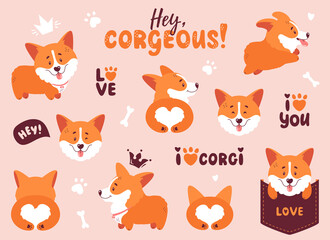 Corgi set. Funny puppies, hand letterings and other design elements - bone, crowns, hearts, footprint. Different poses - dog is standing, running, sitting in a pocket, back view of a cute butt. Vector