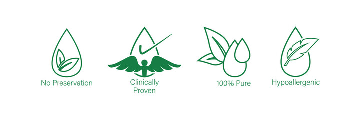 no preservatives, clinically proven, 100% pure, hypoallergenic icon set vector illustration 