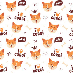 Corgi seamless pattern. Cute smiling welsh corgi faces and hand drawing letterings. Happy dog characters. Trendy vector background.