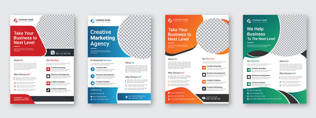 Corporate business flyer template design set with red, blue, orange and green color, abstract business flyer, marketing, business poster, promotion, advert, publication, and vector template design - obrazy, fototapety, plakaty