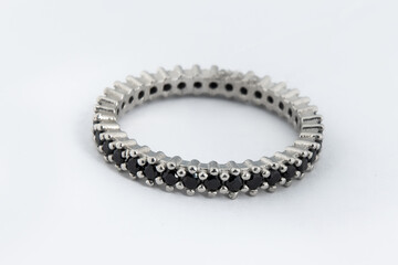 Silver diamond ring isolated on white background. Silver jewelry fashion ring