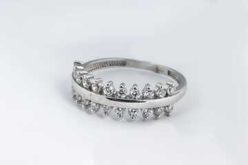 Silver diamond ring isolated on white background. Silver jewelry fashion ring