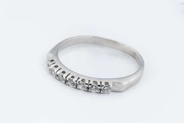 Silver diamond ring isolated on white background. Silver jewelry fashion ring