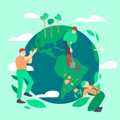 People planting and gardening, saving the planet. Vector illustration.