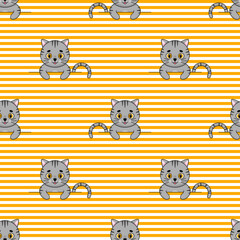 Seamless vector pattern with cute gray cats with yellow eyes on a horizontal yellow-white stripe. Vector illustration.