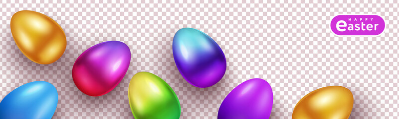Happy Easter holiday background with realistic border made of bright 3d gradient colored eggs isolated on background for holiday greeting banner, website header, card, horizontal poster, decoration. 
