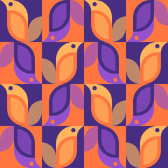 Geometric, purple and orange seamless mosaic pattern with bird motives