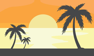 Fototapeta na wymiar flat panoramic landscape, sunset beach with the palms. Vector illustration.