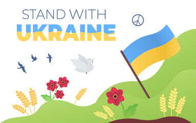 Papercut style flat illustration of the ukrainian flag, birds, flowers to support Ukraine and for peace. Stand with Ukraine