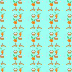 Easter pattern with rabbits and a basket of eggs