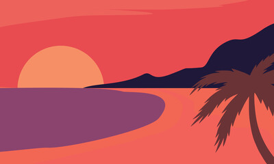 flat panoramic landscape, sunset beach with the palms. Vector illustration.