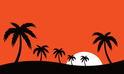 Plakat flat panoramic landscape, sunset beach with the palms. Vector illustration.