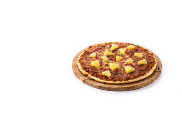 Hawaiian pizza with pineapple,ham and cheese isolated on white background. Copy space