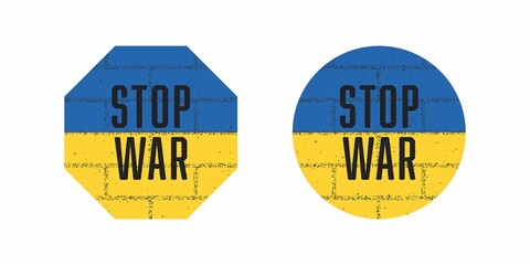 Set of color illustrations of a badge, a circle, a brick wall, a flag with a grunge texture. Design element for emblem, badge, poster, print, sticker. Vector illustration. Symbols of Ukraine.