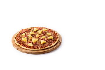 Hawaiian pizza with pineapple,ham and cheese isolated on white background. Copy space