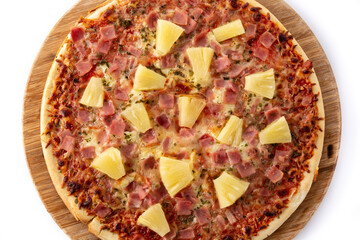 Hawaiian pizza with pineapple,ham and cheese isolated on white background