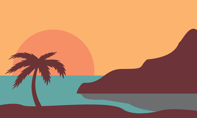 Fototapeta na wymiar flat panoramic landscape, sunset beach with the palms. Vector illustration.