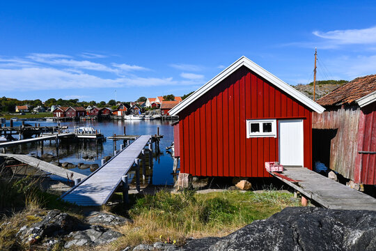 Red traditional Scandinavian houses on the main town of Koster islands in Sweden