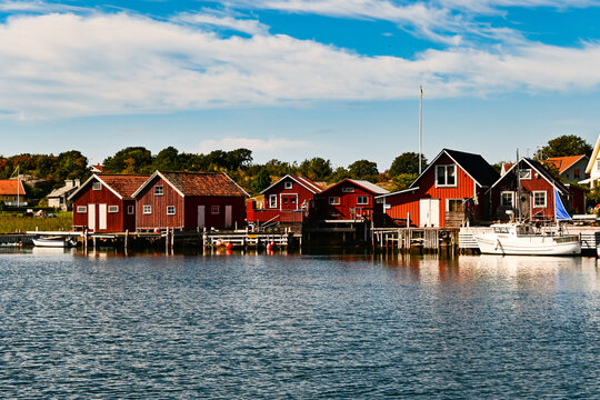 Red traditional Scandinavian houses on the main town of Koster islands in Sweden