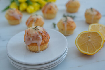 sweet home made vanilla lemon muffins with thyme