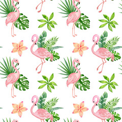 tropical seamless pattern with flamingo and tropical leaves © Viktoriya
