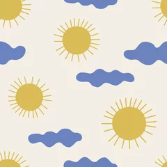 Foto op Canvas Felle zon aan de hemel met kleine wolken infantiele vector naadloze patroon. Zonnige dag boho kinderachtige achtergrond. Kinderachtig decoratief uitgesneden oppervlak voor kinderkamer in Scandinavische stijl. © AngellozOlga