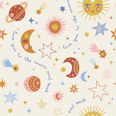 Childish space sun crescent stars planet vector seamless pattern. Love you to the moon and back phrase. Boho celestial universe background. Galaxy decorative surface design for nursery. © AngellozOlga