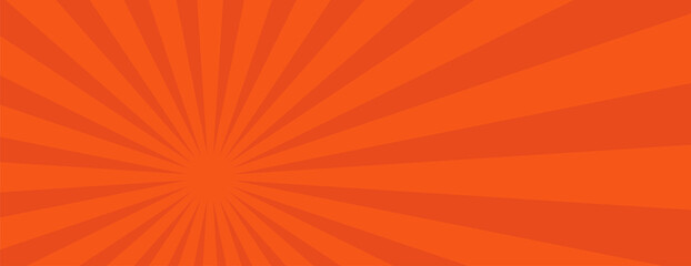 Orange rays background horizontal as sunburst graphic vector banner or abstract retro starburst radial pinwheel cartoon comic funny pop art illustration, vintage flash sunlight or sun light star boom