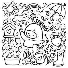 hand drawn colorful spring doodle with flower and kawaii little girl vector illustration