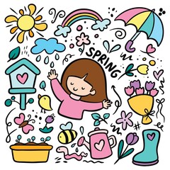 hand drawn colorful spring doodle with flower and kawaii little girl vector illustration