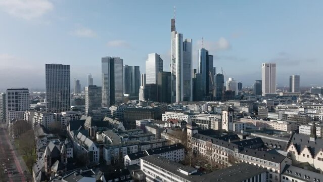Aerial drone shot flight forward over skyline of Frankfurt am Main