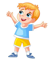 Happy cartoon boy with with hands up vector illustration