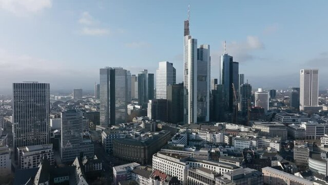 Aerial drone shot flight forward over skyline of Frankfurt am Main
