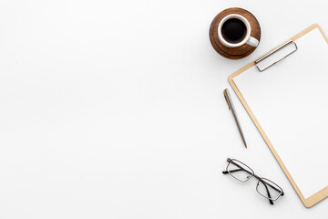 Workplace with office desk supplies, top view