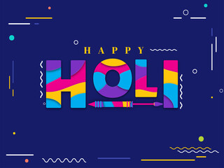 Colorful Paper Cut Style Holi Font With Water Gun On Blue Background.