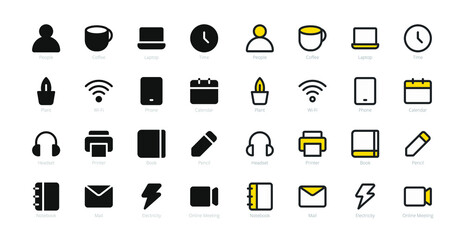 Set of 32 vector illustration work from home design graphic solid and filled icons or symbols. Include coffee, laptop, book, headset, online meeting, etc. Eps 10