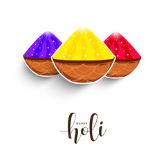 Happy Holi Celebration Concept With Sticker Style Clay Bowls Full Of Color Powder (Gulal) On White Background.