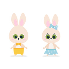 Cute baby rabbits in clothes - set.