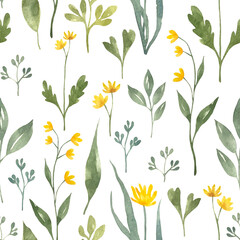 Watercolor floral seamless pattern. Green leaves and yellow hand-drawn wild flowers on a white background. Spring blooming herbs fabric texture. Romantic botanical print for wallpaper and gift wrap.