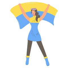 Ukrainian girl with a yellow and blue flag. Nice woman holding the national flag of Ukraine. Stop the war in Ukraine. The concept of support for the Ukrainian people.Vector isolated illustration.