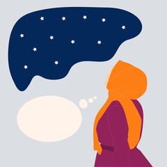 muslim woman staring night sky with stars flat illustration vector