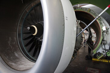 Almaty, Kazakhstan - 01.29.2014 : The turbine of the Airbus A320 aircraft during repair in the hangar
