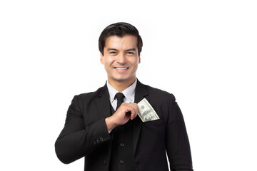 Business man in black suit holding money isolated on white background. Concept of finance success. Copy space.